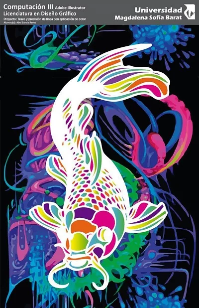 Segunda ilustración vectorial de pez koi con líneas multicolor sobre negro