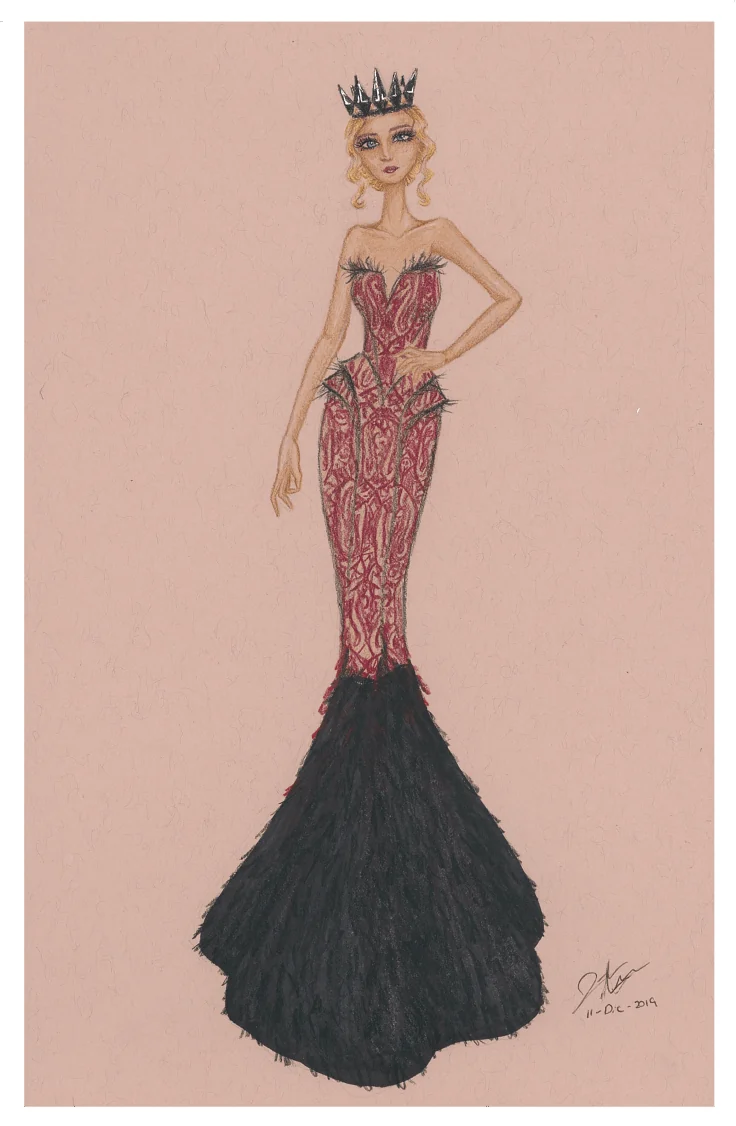 Ilustración a lápiz de color de un vestido de sirena con corona