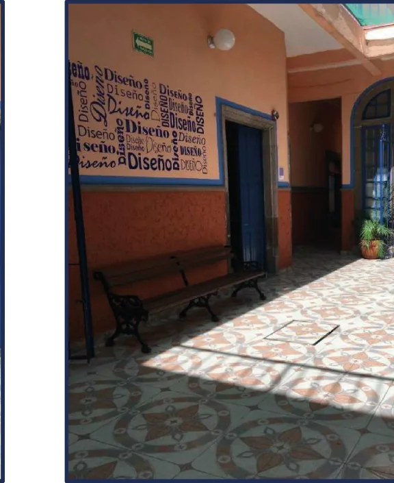 Corredor con muro tipográfico, banca de herrería y piso de mosaico