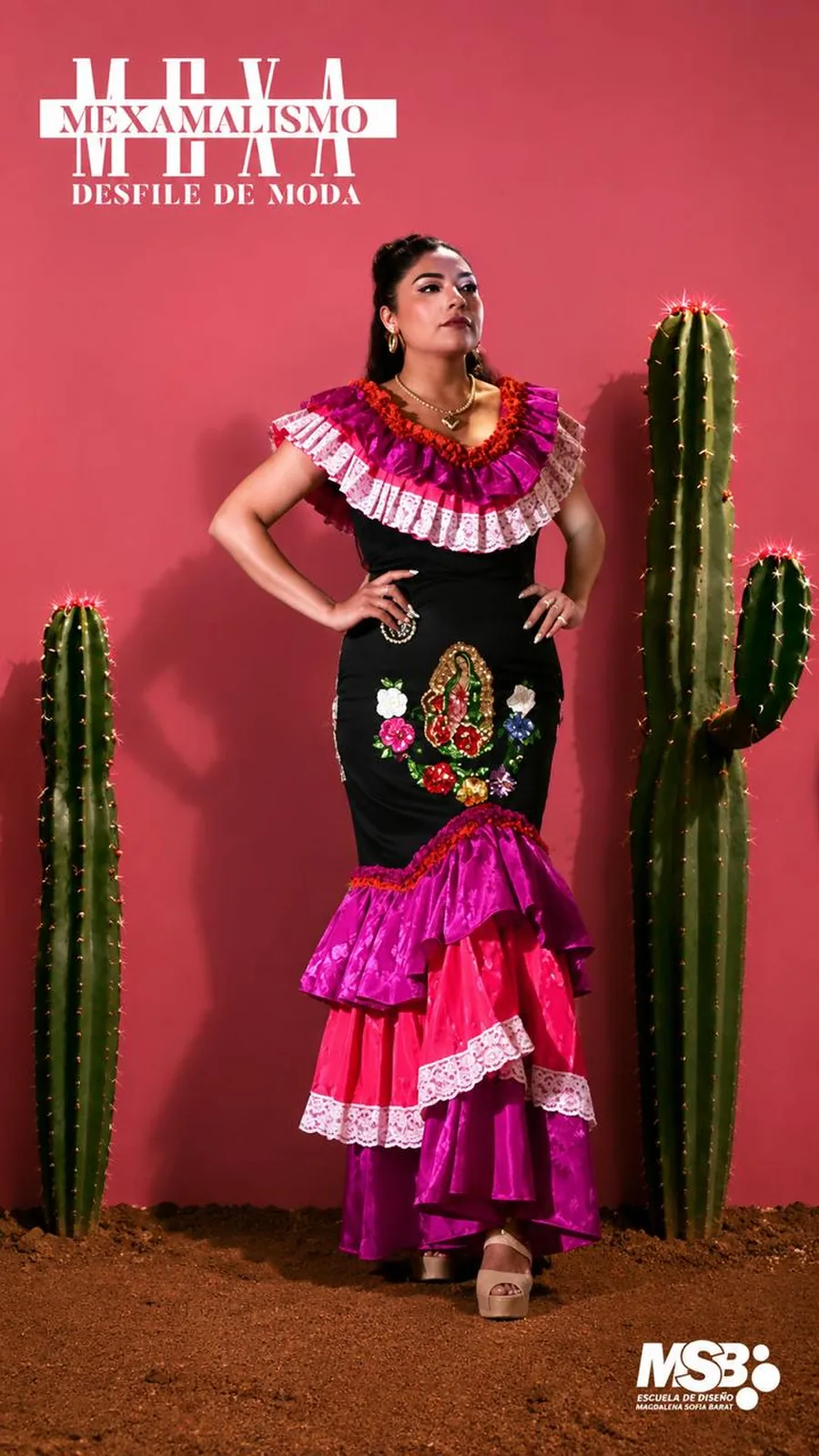 Vestido de olanes en fucsia y magenta con bordado guadalupano