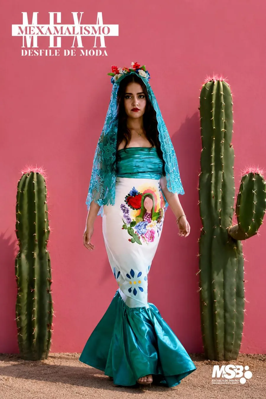 Vestido de sirena en verde jade con bordado floral